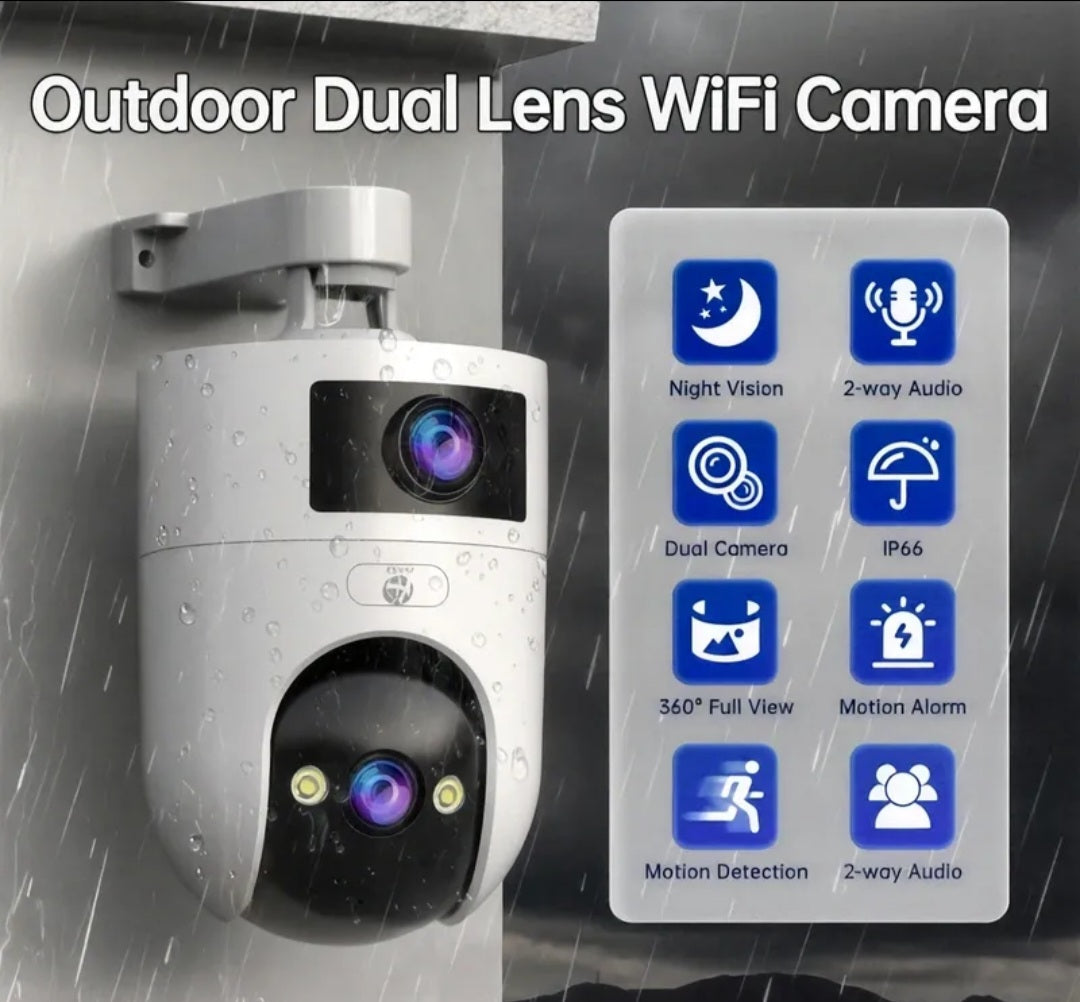 “ Outdoor Dual Lens WiFi Camera – 360° Full View Security with Night Vision & Motion Detection