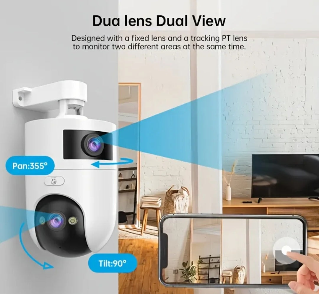 “ Outdoor Dual Lens WiFi Camera – 360° Full View Security with Night Vision & Motion Detection