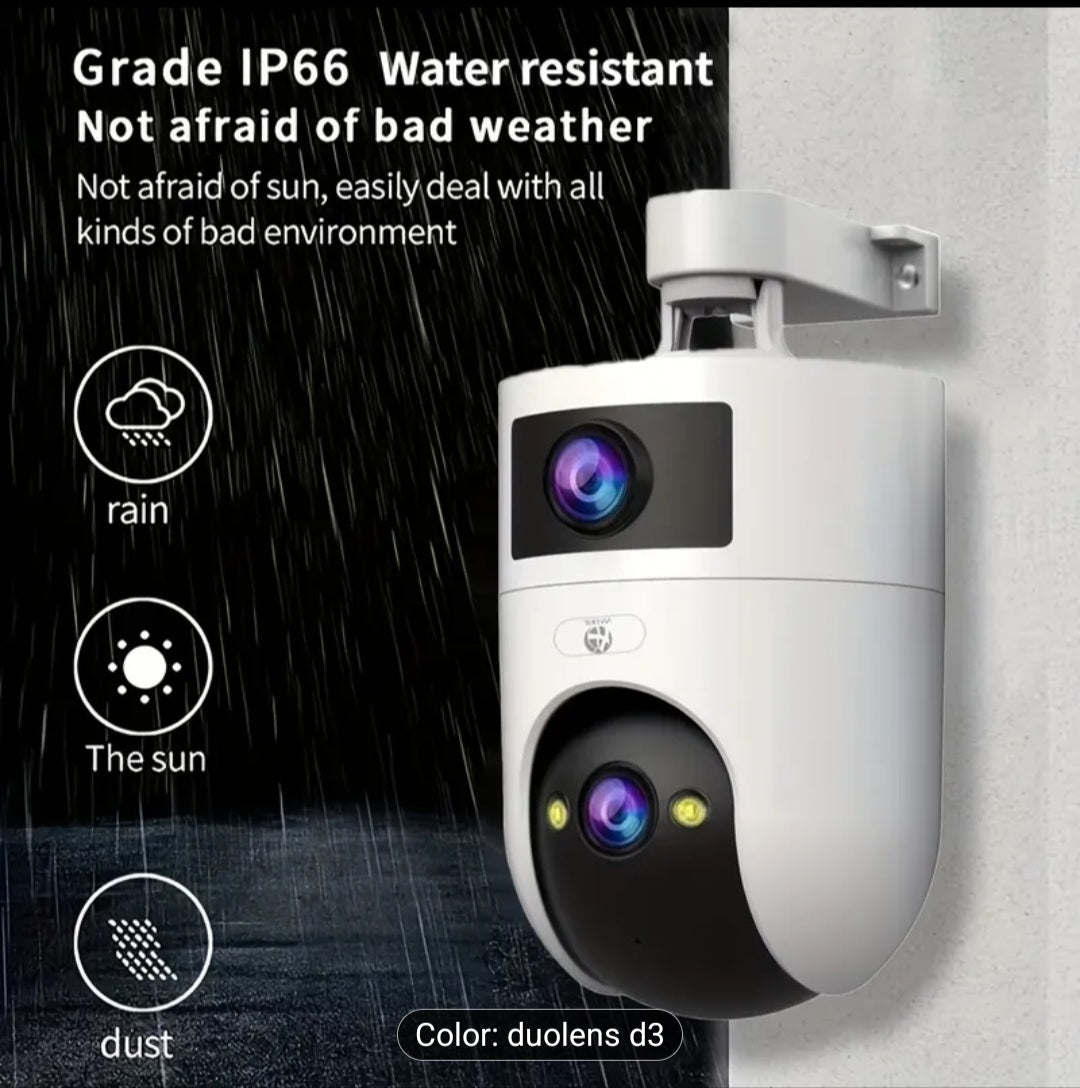 “ Outdoor Dual Lens WiFi Camera – 360° Full View Security with Night Vision & Motion Detection