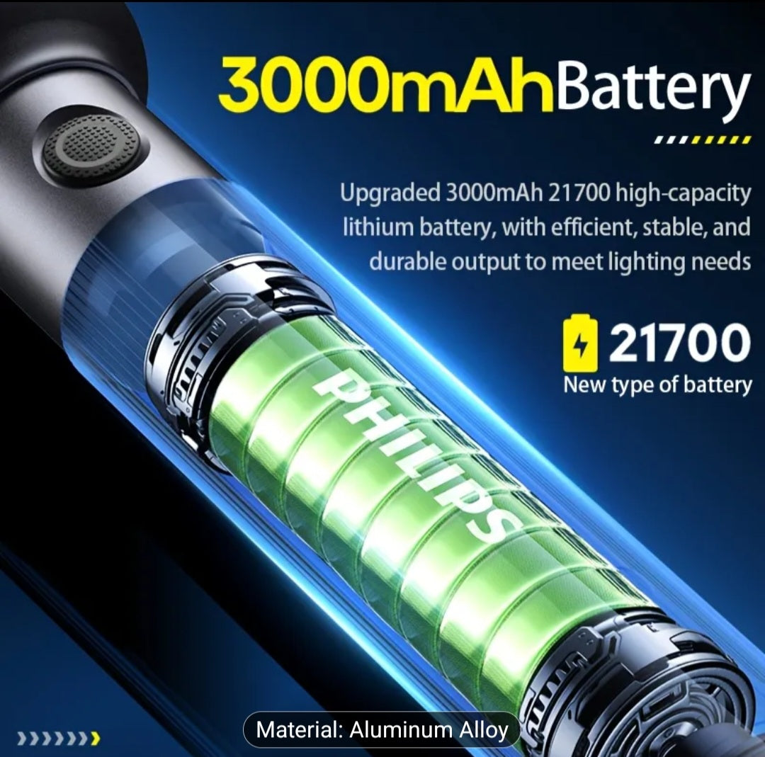High-Power 3000mAh Philips Rechargeable LED Flashlight – Long-Lasting & Durable