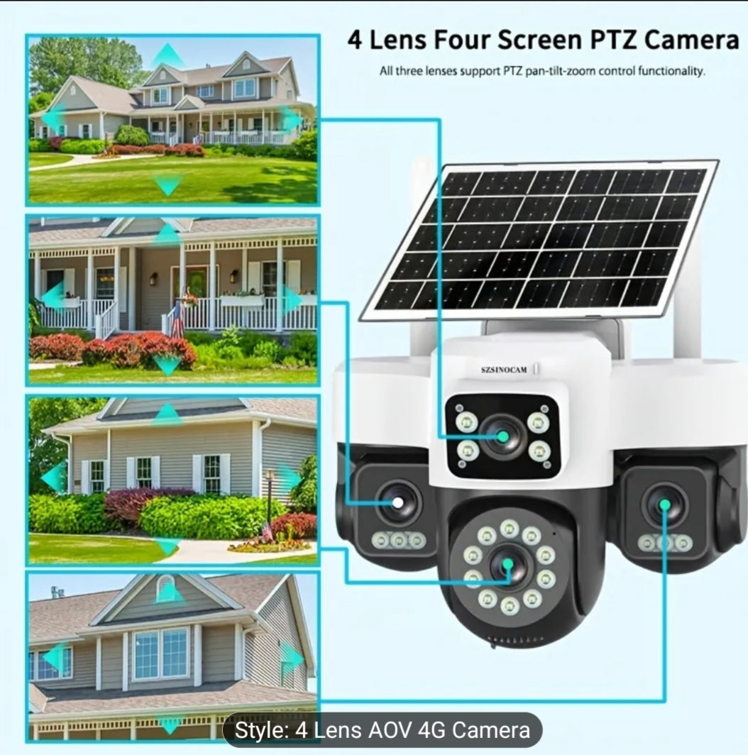 4-Lens 4G Solar Security Camera with TF Card Storage & 24/7 Playback
