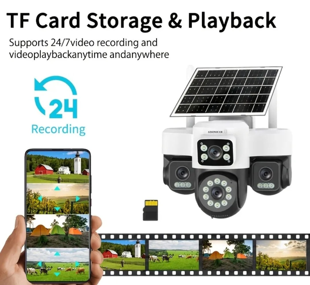 4-Lens 4G Solar Security Camera with TF Card Storage & 24/7 Playback