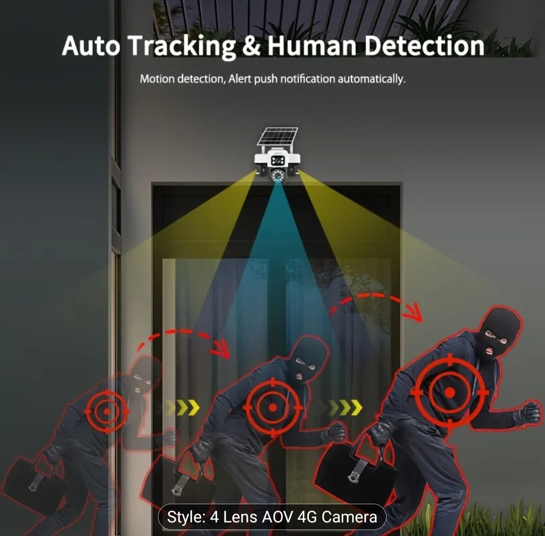 4-Lens 4G Solar Security Camera with TF Card Storage & 24/7 Playback