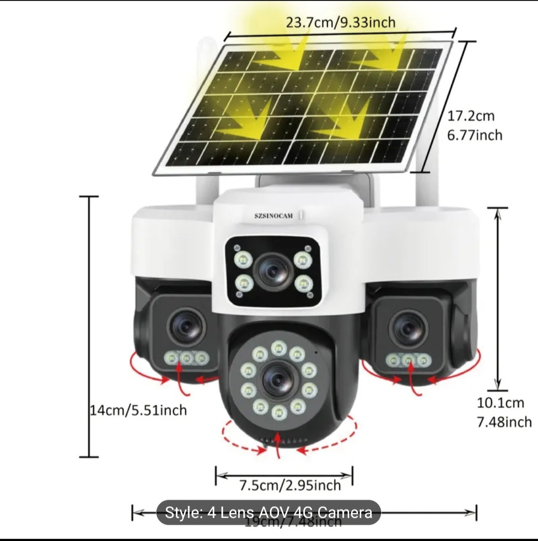 4-Lens 4G Solar Security Camera with TF Card Storage & 24/7 Playback