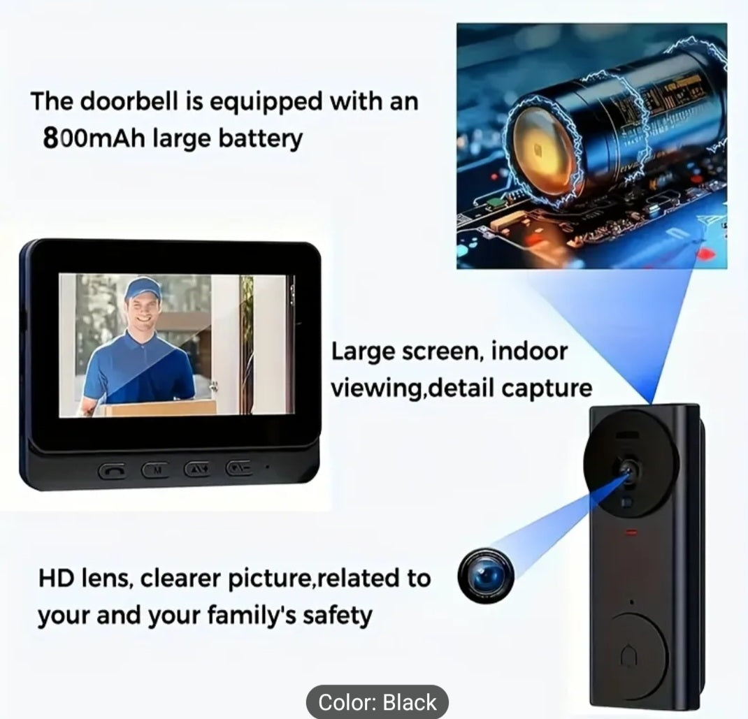 Wireless Smart Video Doorbell with Screen – Night Vision & Two-Way Audio